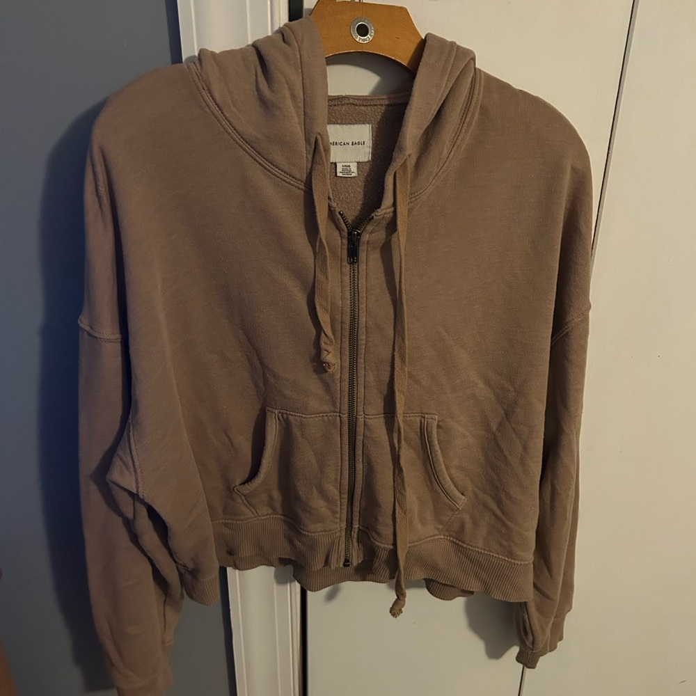 American Eagle Outfitters Tan Cropped Zip Up Hoodie